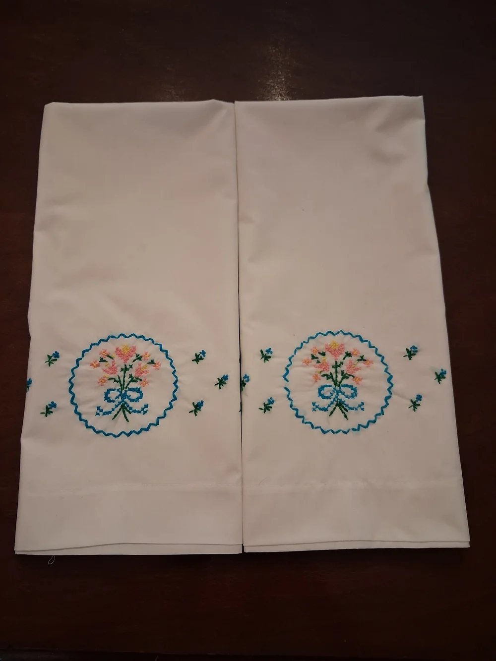 Vintage White Embroidered Pillowcases with Turquoise Flowers
